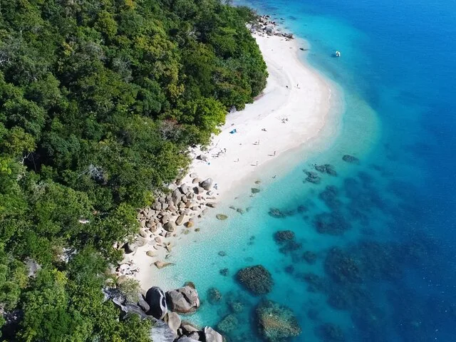 Aerial view of a white sand beach meeting clear turquoise water and a lush green forest.