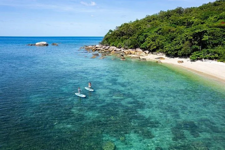 Two people paddleboarding on clear, shallow water near a rocky and forested coastline.